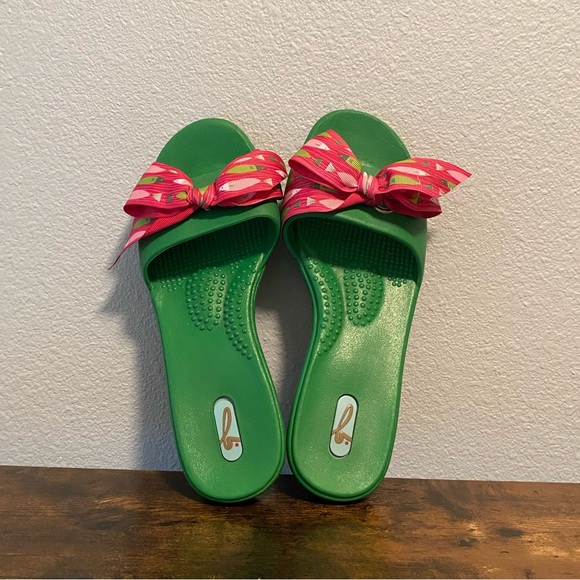 Okab Green Original Pink Bow Sandals - Picture 1 of 8